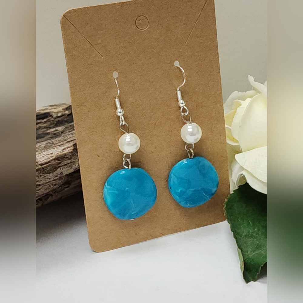 Hand Crafted Elegant Blue Swirl Dangle Drop Earrings With Faux Pearls